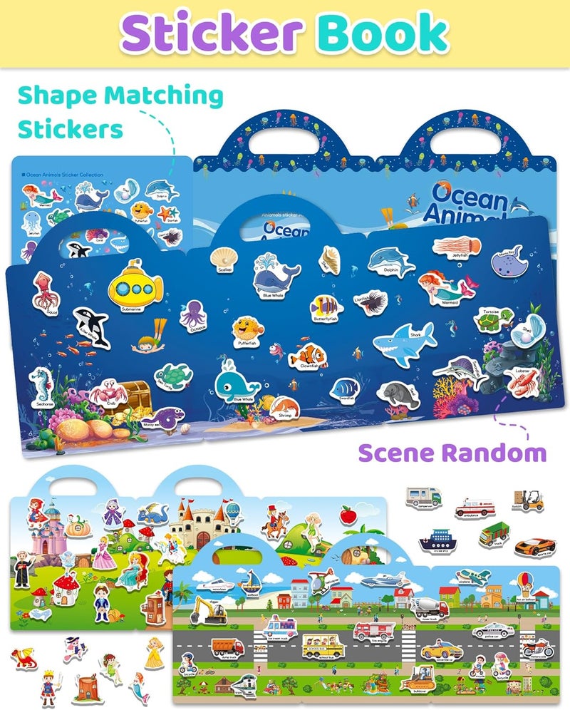 Benresive Reusable Sticker Books for Kids, Sticker Books for Toddlers, Toddler Travel Toys Activities Crafts Ages 3 and Up Birthday Gifts - Ocean Animals, Fairy and Vehicle - Image 2